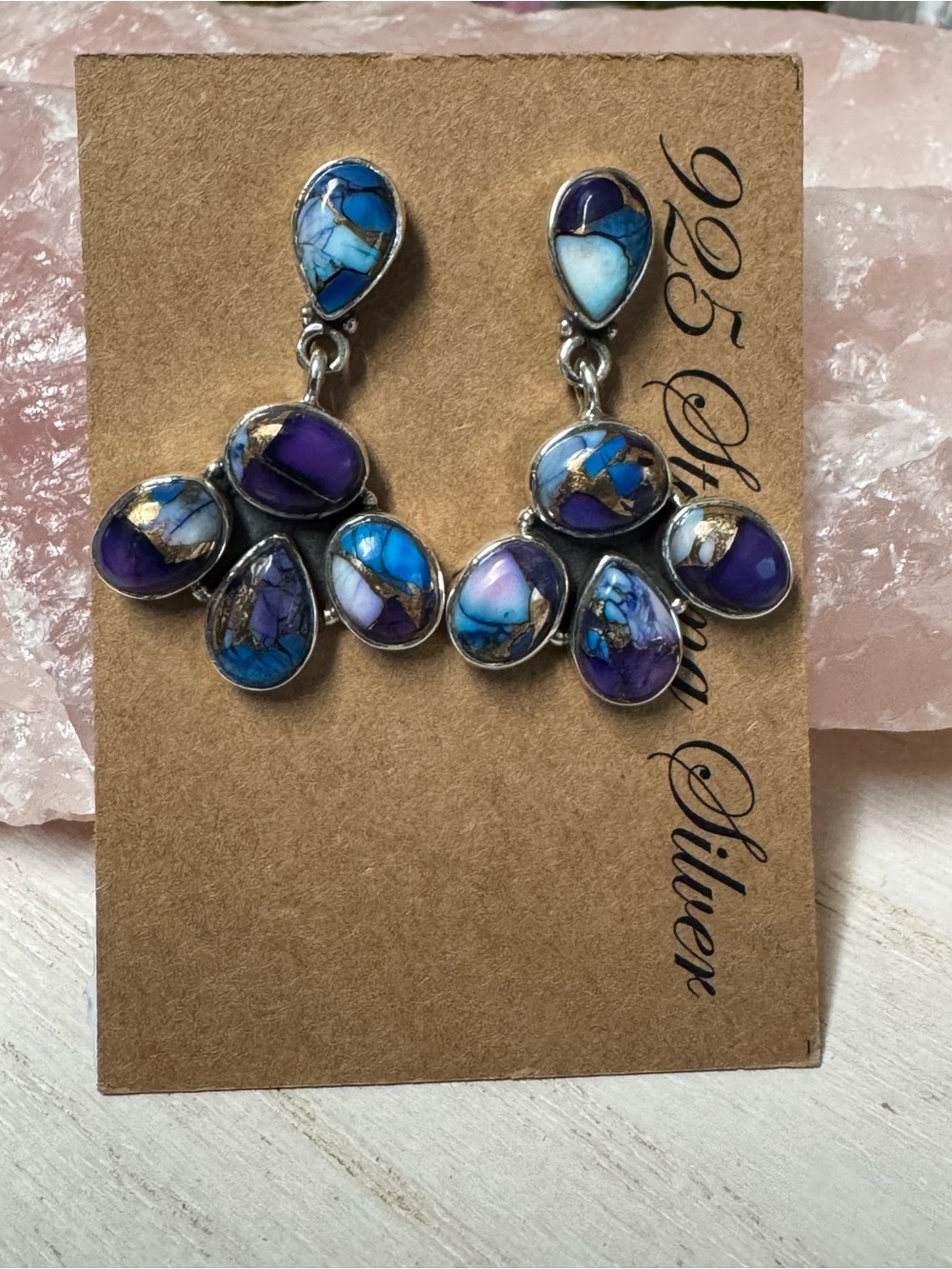 Purple Blue Turquoise Dahlia Sterling Silver Multi-stone Stud Drop Earrings